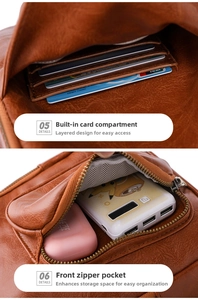 Detail der braunen PU-Ledertasche mit Kartenfächern und Reißverschlussfach für Ordnung