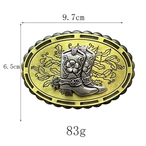 Oval gold zinc alloy belt buckle with silver western cowboy boot relief design