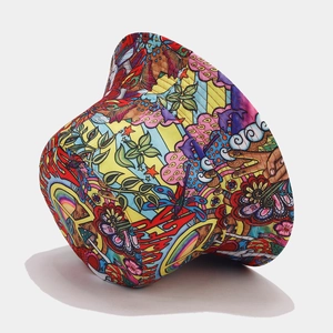 Detailed view of colorful graffiti bucket hat with vibrant pop art and street style patterns