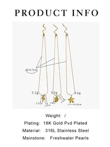 Size chart showing stainless steel pearl necklace lengths and pendant dimensions clearly