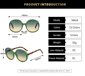 Detailed size chart of round oversized sunglasses with green frames and PC lenses