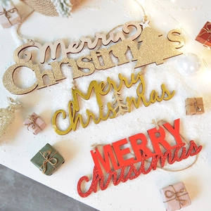 Merry Christmas wooden sign set with gold and red glitter for tree hanging decor