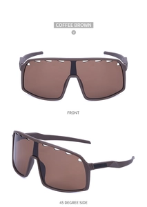 Detail view of coffee brown sports sunglasses with ventilated lenses and large frame