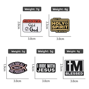 Detailed size and weight specifications for five enamel Christian lapel pins with religious text