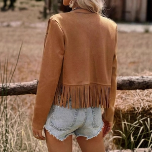 Brown suede jacket with long fringe back detail and bohemian western style fashion