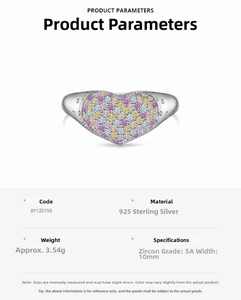 Detail of S925 sterling silver heart ring with colorful 5A cubic zirconia and dimensions