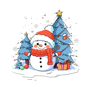 Cartoon Christmas snowman window sticker with blue trees and gifts on white background