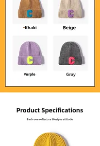 Detail view of winter knitted beanies in khaki, beige, purple, and grey with C letter embroidery
