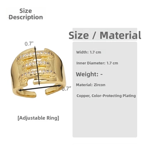Technical drawing of a gold bear cross ring showing 1.7cm width and zircon material details