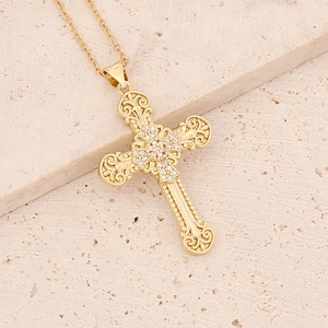18K gold plated cross necklace with micro-pave zircon and vintage engraved texture