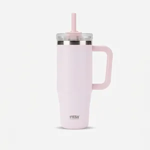 Macro detail of TYESO 40oz tumbler featuring a durable handle and pink matte finish