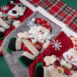 Plaid Christmas stockings set featuring 3D Santa, Snowman and Polar Bear character dolls