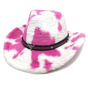 Chapeau de cow-boy en peluche à motif vache rose avec tête de taureau et bande cloutée