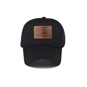 Black American flag trucker hat with breathable mesh and brown leather patch