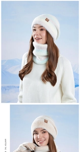 Close-up of soft gradient knit winter hat and neck warmer with plush chenille texture