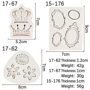 Three silicone molds featuring crown and vintage frame designs for baking and fondant crafting