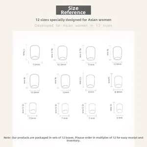 Size chart for floral cat-eye pearl press-on nails showing 12 sizes for Asian women