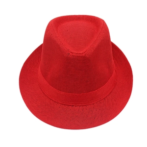 Top-down view of the red woven trilby hat featuring a classic band and dense texture
