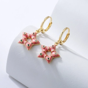 Bohemian 18K gold plated star drop earrings with colorful zircon stones on a white base