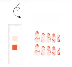Short almond press-on nails featuring orange wave lines and 3D pink translucent beads