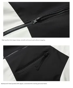 Close-up detail of waterproof chest pocket and smooth metal zipper on outdoor jacket