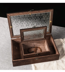 Set of two vintage dark brown wooden boxes with embossed begonia glass and metal latches