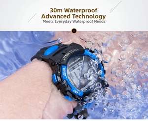 Close-up of blue digital sports watch submerged in water showing 30m waterproof feature