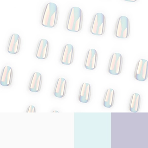 Holographic pearlescent white oval press-on nails with iridescent rainbow gloss effect