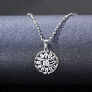 Elegant silver round flower crystal pendant necklace with sparkling cubic zirconia