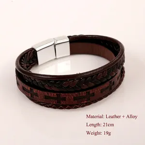 Vintage multilayer leather bracelet with cross pattern and silver magnetic alloy clasp