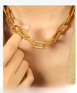 Detail of 18k gold plated bold rectangle link chain necklace worn on model neck