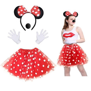 Detail view of Minnie theme costume set with red polka dot bow headband and mesh skirt