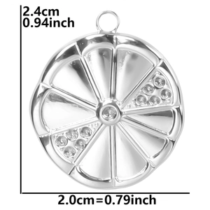 Detailed view of silver lemon fruit pendant with clear rhinestones and size measurements