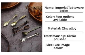 Close-up of vintage royal style zinc alloy dessert spoons with ornate carvings