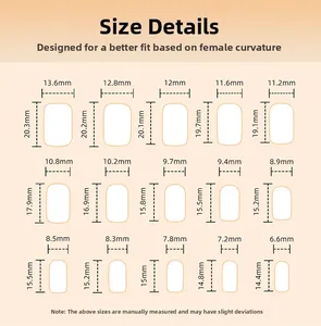 Detailed size chart showing 15 different dimensions for French blue press-on nails