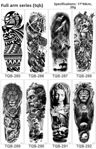 Detailed sheet of eight waterproof full arm temporary tattoo stickers with diverse designs