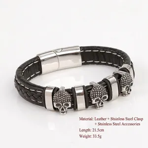 Punk black woven leather bracelet for men with silver stainless steel skull charms and clasp
