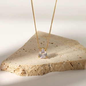 18k gold plated stainless steel necklace with water drop white zircon pendant on stone