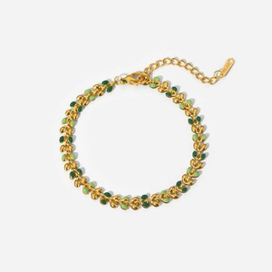 18K gold plated stainless steel olive leaf bracelet with green enamel inlays