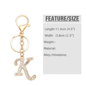 Detailed view of rhinestone letter K keychain with gold alloy base and lobster clasp