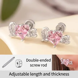 Pink Heart Zirconia Helix Piercing With Titanium Steel Earring Post Copper Wing Screw Back Stud Earrings For Women