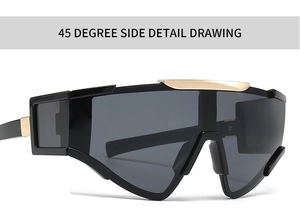 Detailed 45-degree side view of oversized one-piece sunglasses with gold metal accents