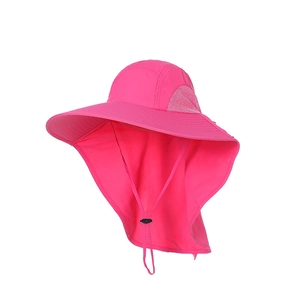 Macro detail of breathable mesh vents and protective neck flap on pink sun hat
