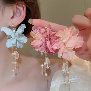 Cloth Flower Tassel Long Earrings With Silver Earring Post Imitation Artificial Pearl Glass Crystal Drops Women Fashion Jewelry