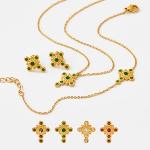 French vintage zircon cross earrings and necklace set with emerald and ruby crystals