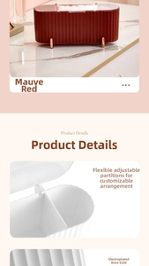 Detail view of pink desktop organizer featuring adjustable dividers and gold plated feet