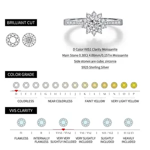 Bague en argent S925 avec moissanite D VVS1 de 0,30ct et halo de pierres fines