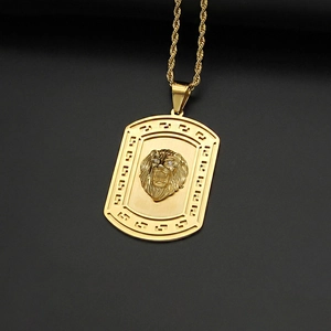 Gold-plated hip hop lion head tag pendant necklace with twisted rope chain on black background