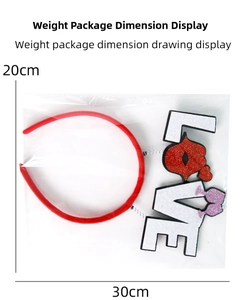 Detailed view of LOVE themed headband in packaging with glitter heart and glass motifs