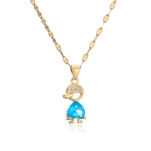 Golden boy pendant necklace with blue heart zircon and micro-pave crystals on link chain